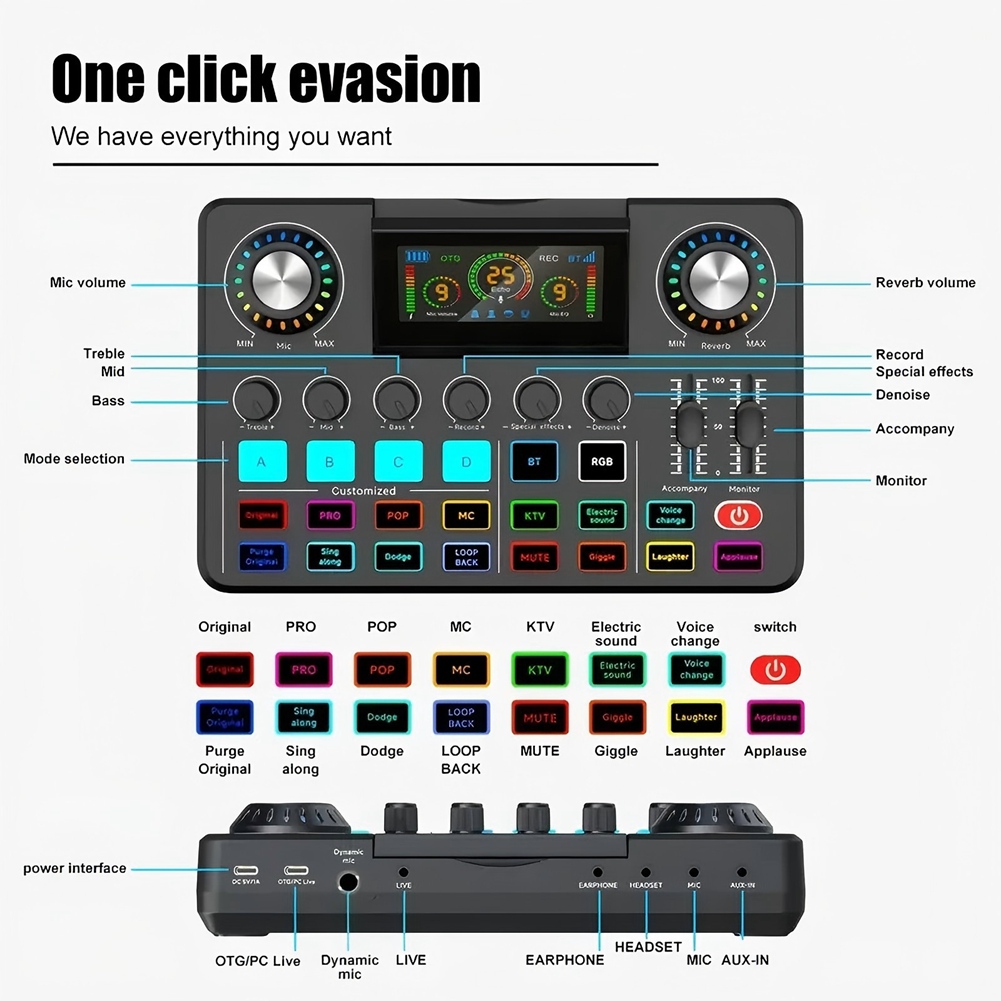 Audio Music Changer - A20I เครื่องผสมเสียง, การ์ดเสียงสดพร้อมเอฟเฟกต์ดีเจมิกเซอร์และตัวเปลี่ยนเสียง, บอร์ดเสียงพร้อม RGB, อุปกรณ์บันทึกเสียง