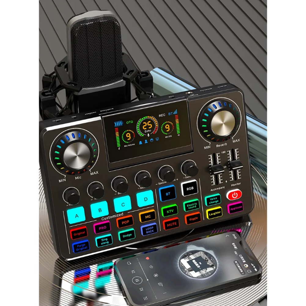 Audio Music Changer - มิกเซอร์เสียง DTC5, การ์ดเสียงสำหรับการแสดงสดพร้อมเอฟเฟกต์มิกเซอร์ดีเจและตัวเปลี่ยนเสียง, ซาวด์บอร์ดพร้อมไฟ RGB, อุปกรณ์บันทึกเส