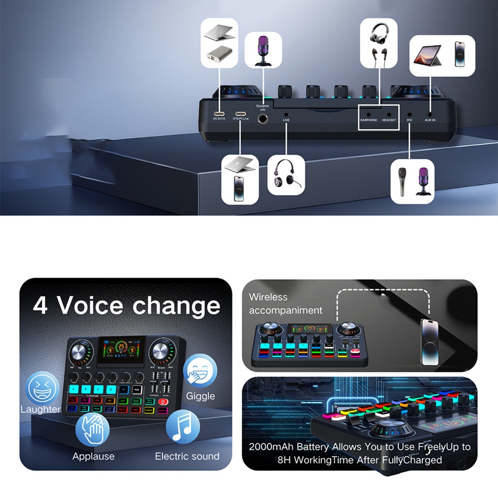 Audio Music Changer - ABYA เครื่องผสมเสียง, การ์ดเสียงสำหรับงานแสดงสดพร้อมเอฟเฟกต์ดีเจและตัวเปลี่ยนเสียง, ซาวด์บอร์ดพร้อมไฟ RGB, อุปกรณ์บันทึกเสียง