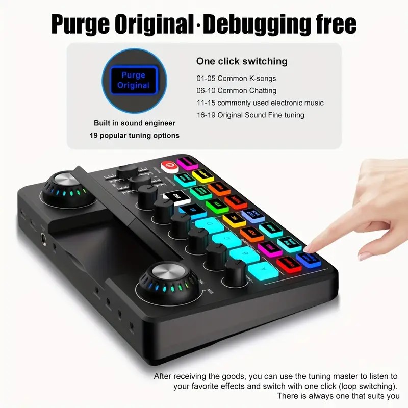 Audio Music Changer - เครื่องผสมเสียง, การ์ดเสียงสดพร้อมเอฟเฟกต์ดีเจมิกเซอร์และตัวเปลี่ยนเสียง, ซาวด์บอร์ดพร้อม RGB, อุปกรณ์บันทึกเสียงเพลง
